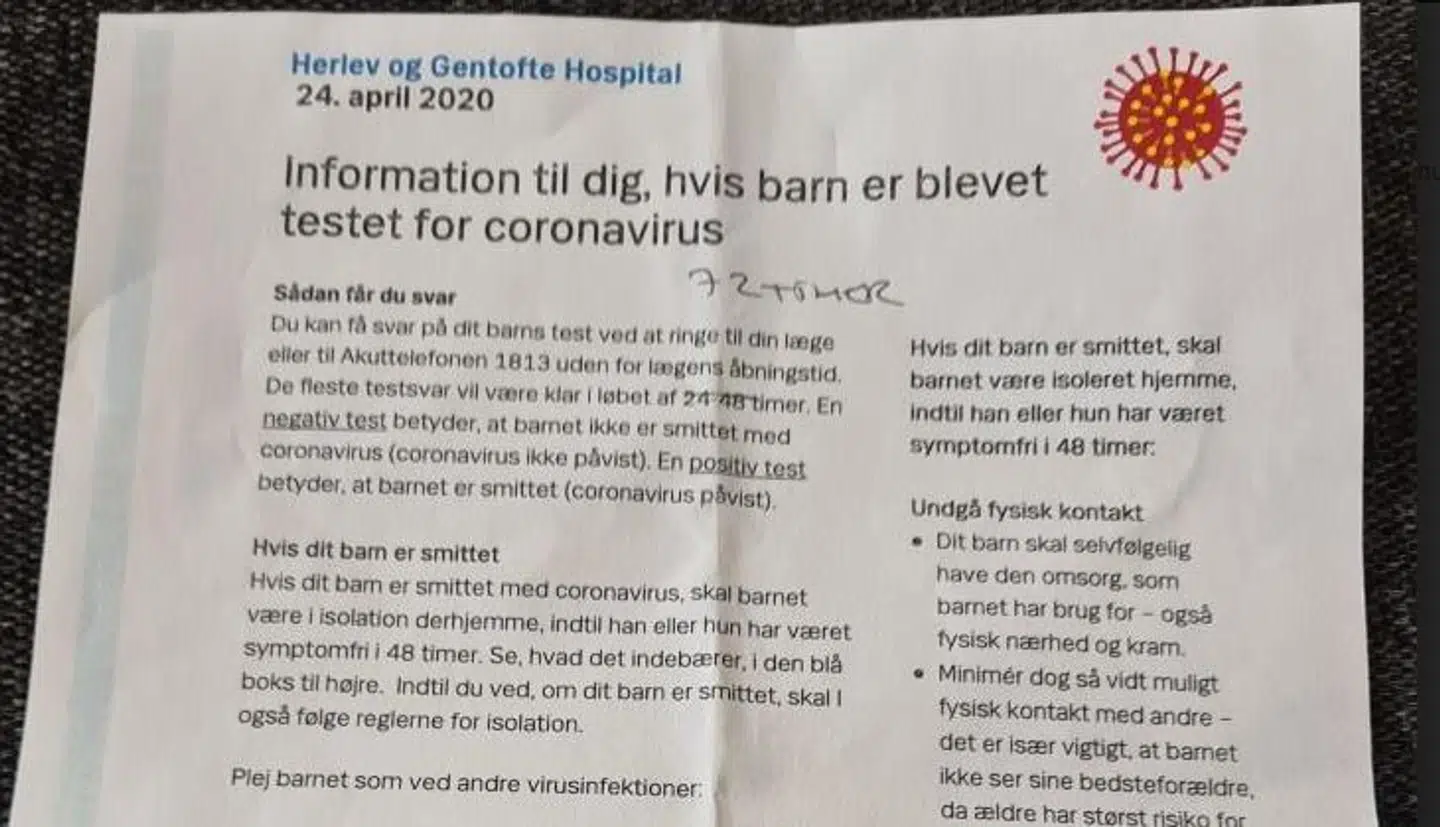 Sådan ser det ark ud, nogle testede personer får med hjem. Her kan du se, at svartiden er streget ud og korrigeret med 72 timer.