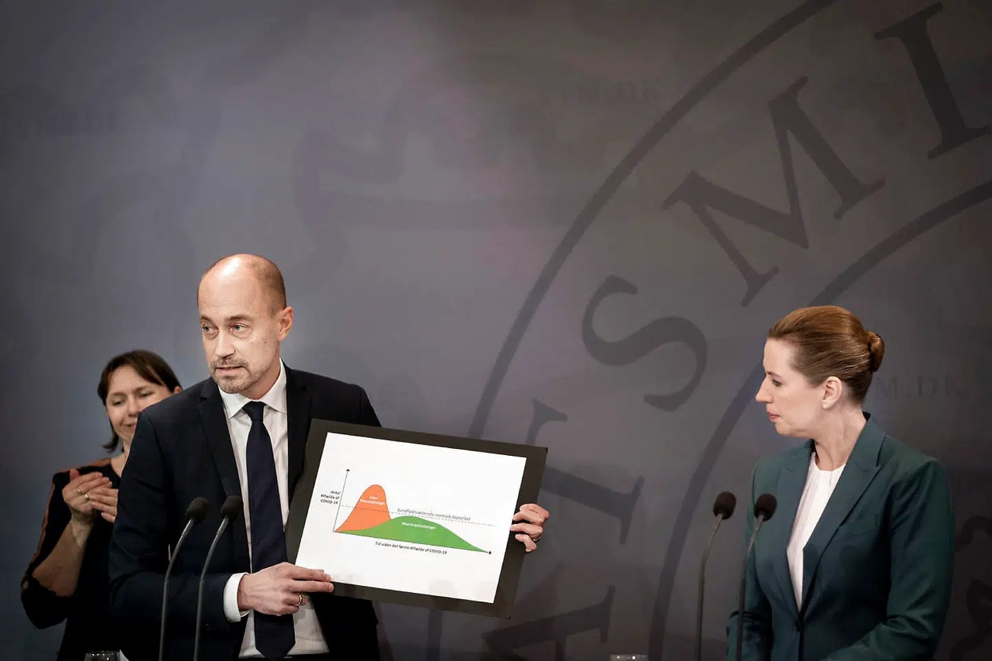 Statsminister Mette Frederiksen, sundheds- og ældreminister Magnus Heunicke, rigspolitichef Thorkild Fogde, direktør for organisation og borgerservice i Udenrigsministeriet Erik Brøgger Rasmussen, direktør i Sundhedsstyrelsen Søren Brostrøm og direktør i Erhvervsstyrelsen Katrine Winding holder pressemøde i Spejlsalen i Statsministeriet tirsdag den 10. marts 2020.