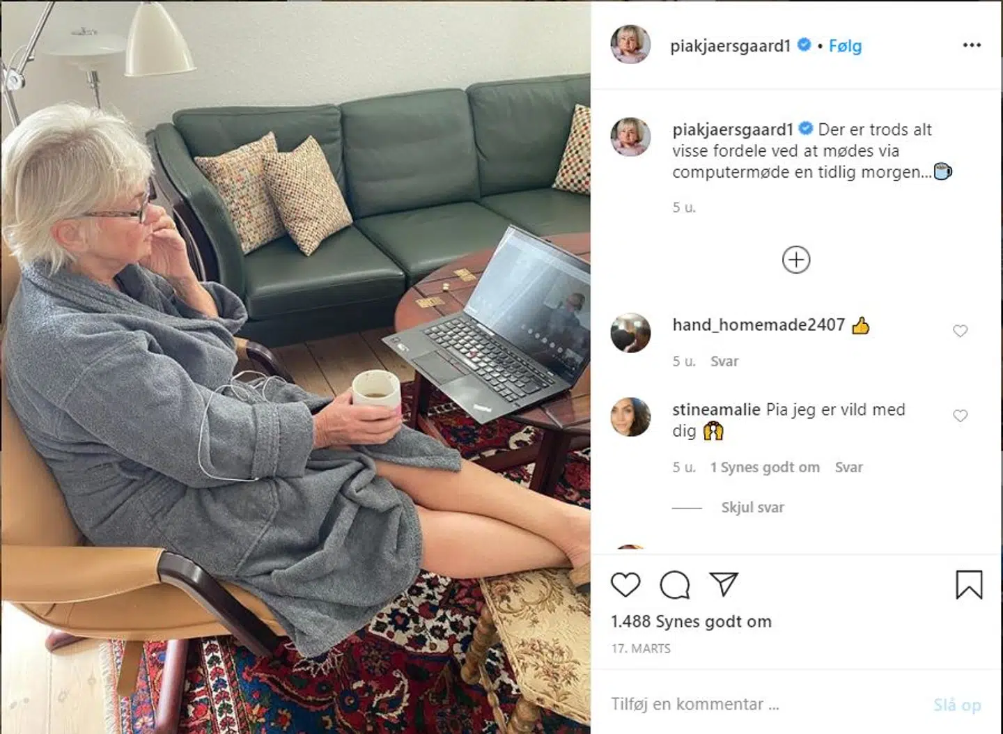 Pia Kjærsgaard under coronakrisen. Videomøde hjemme fra stuen.