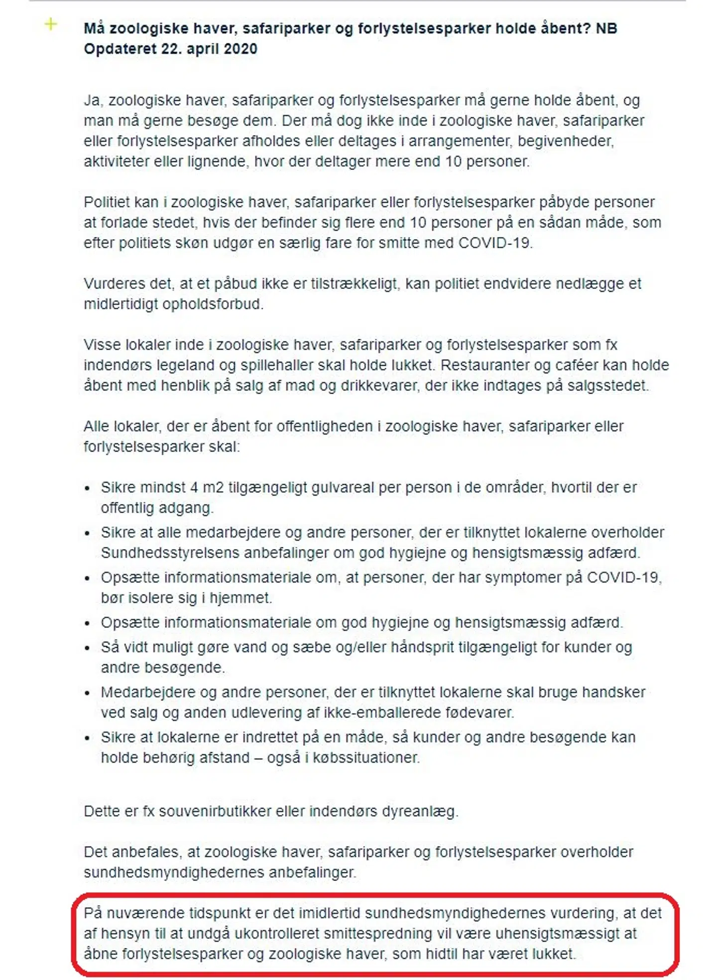 Den opdaterede anbefaling ligger i bunden markeret med rød. Den er tilføjet til den oprindelige 22. april.