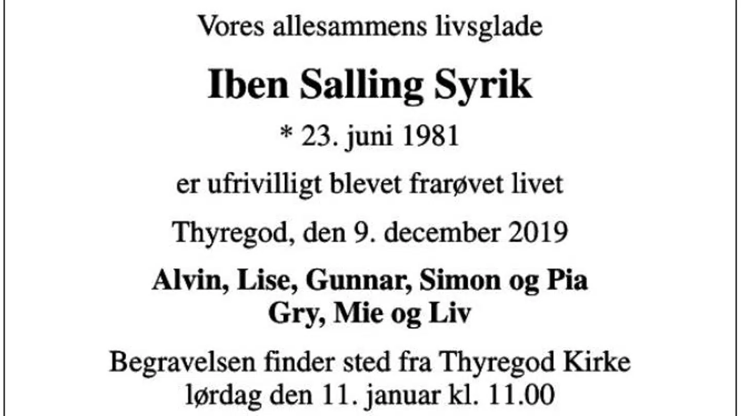Dødsannoncen, som familien til Iben Salling Syrik har indrykket. Her på dødsannoncer.dk.