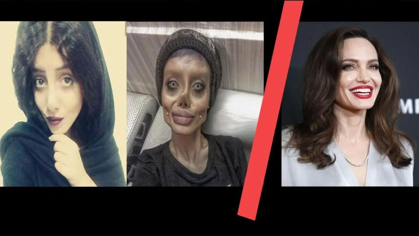 Sahar Tabar (tv.) forsøger at ligne Angelina Jolie på det midterste billede. Til højre ses skuespillerinden Angelina Jolie.