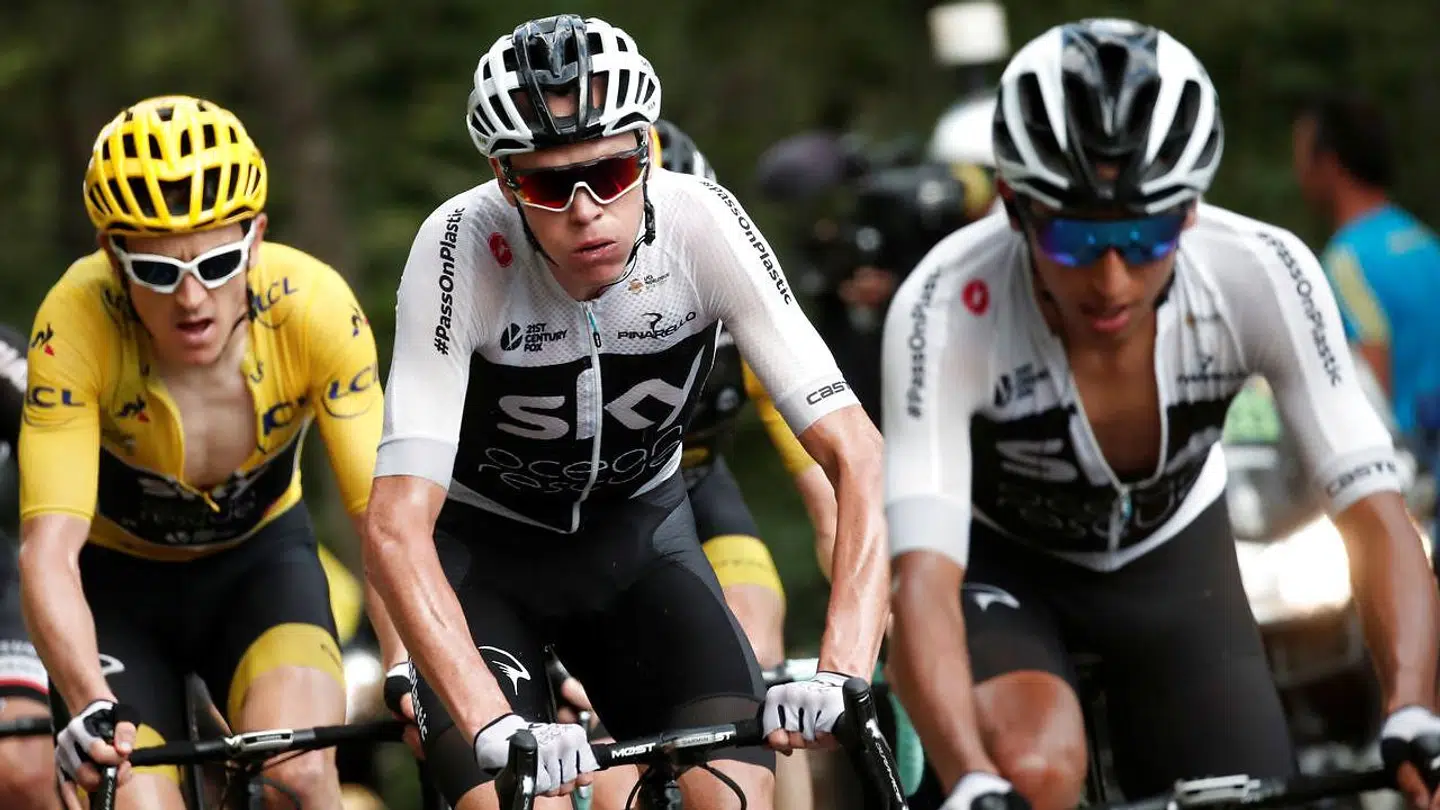 Geraint Thomas, Chris Froome og Egan Bernal fra Team Sky - det nuværnede TEam Ineos.