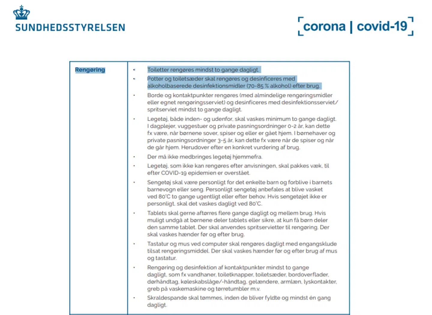 I en instruks fra Sundhedsstyrelsen til ansatte i dagtilbud fremgår det, at potter og toiletsæder skal sprittes af. Screendump fra sst.sk
