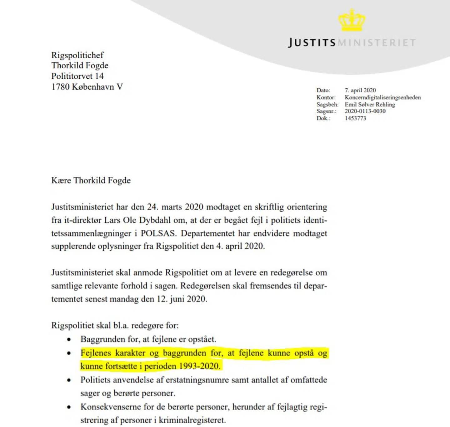 I denne mail fremgår det, at politiet siden 1993 har begået den fejl at bruge borgeres navne i sager, de intet har med at gøre.