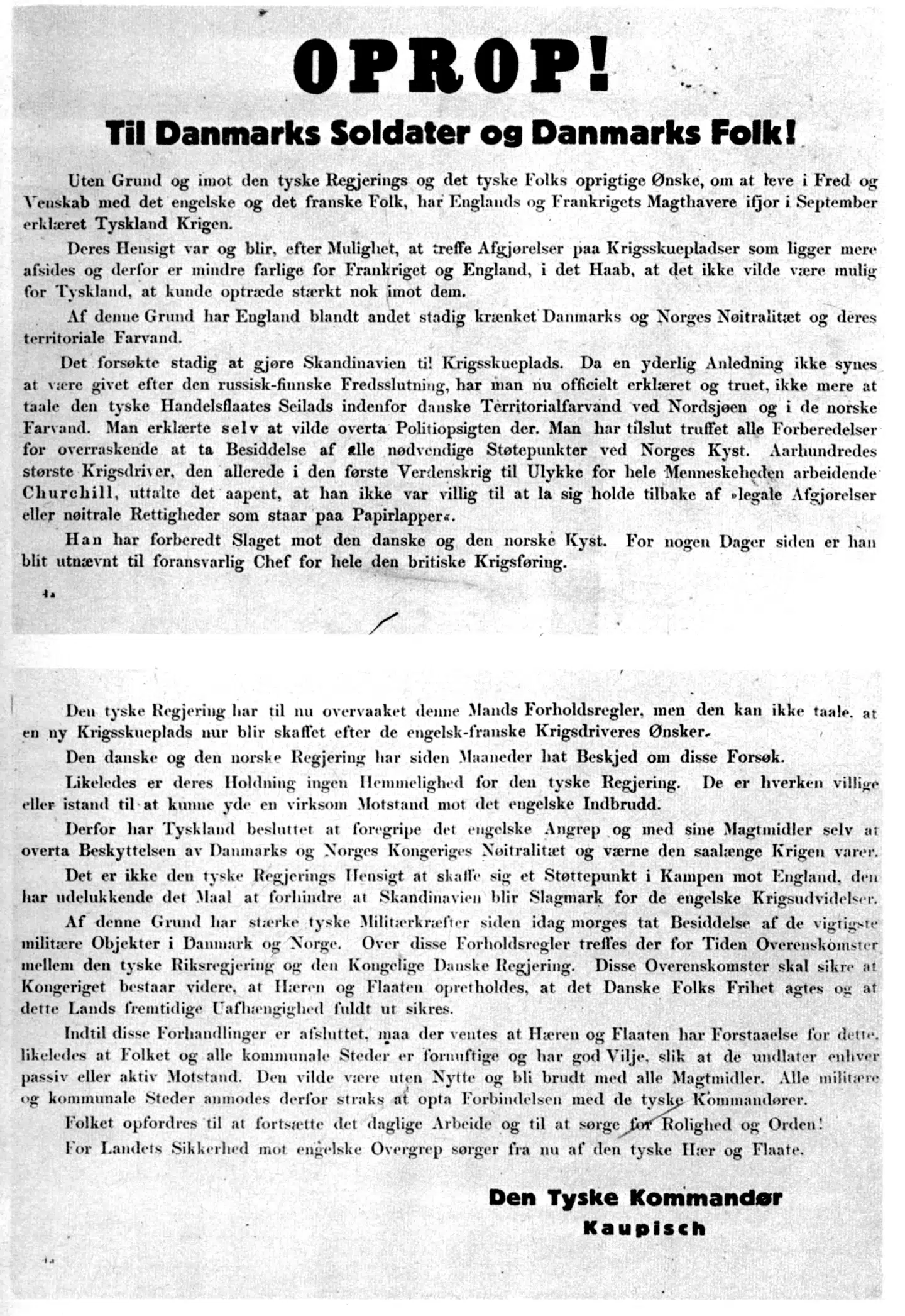 Flyvebladene, der den 9. april blev kastet ud fra de tyske fly. Foto: Scanpix