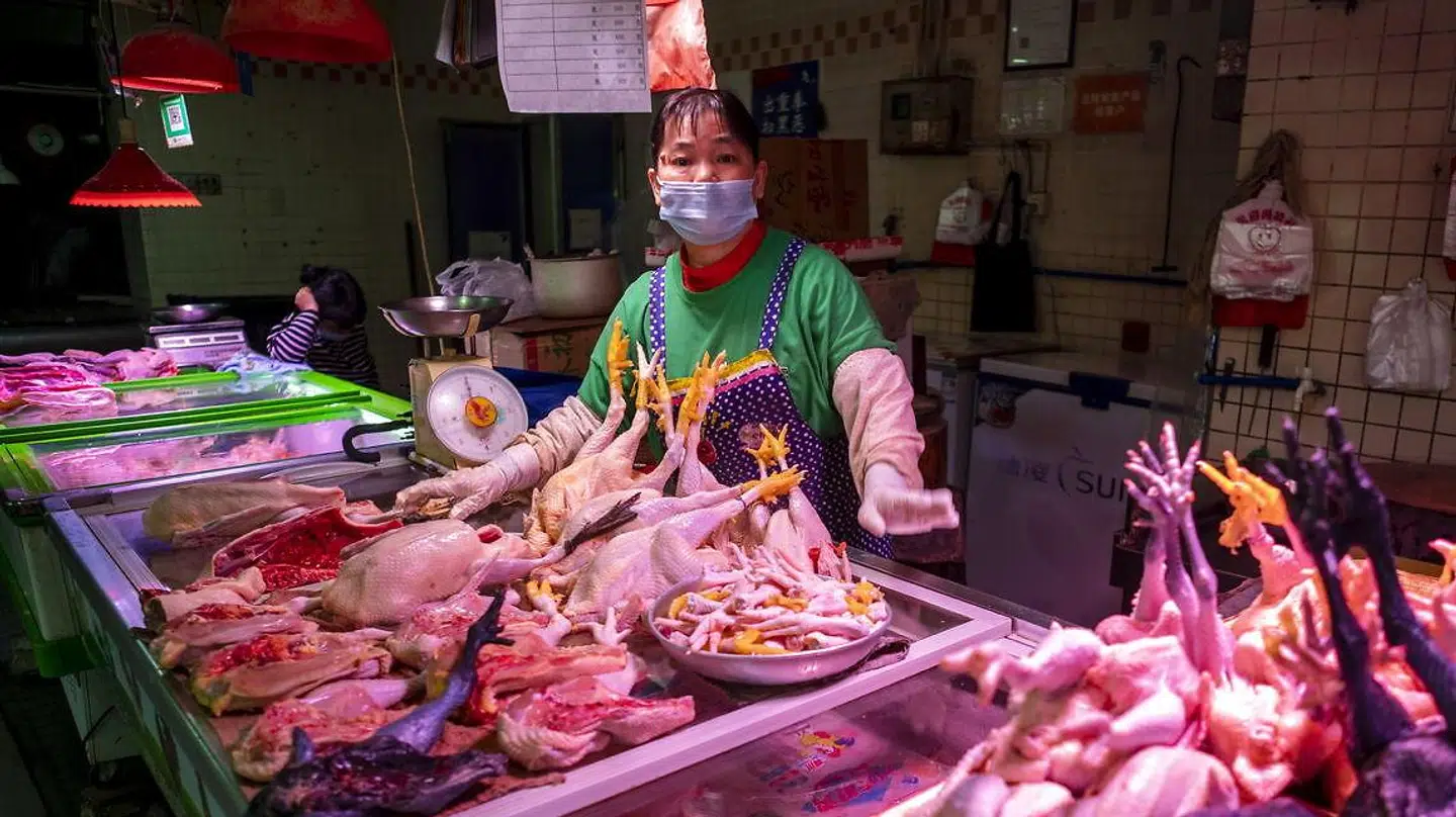 En kvinde sælger kylling iført ansigtsmaske på et marked i byen Guangzhou i Kina. Alt tyder på, at udbruddet af coronavirus kan spores tilbage til et marked i byen Wuhan.