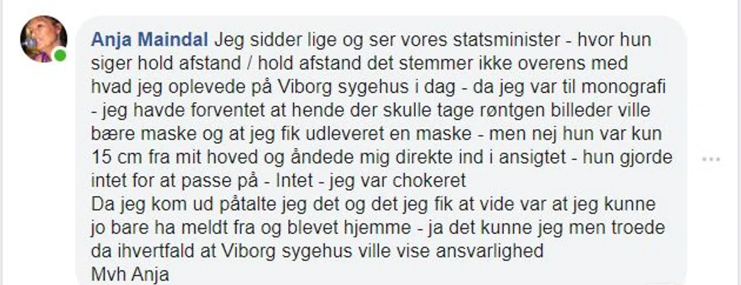 Her ses Anja Maindals besked til Regionshospitalet i Viborg i mandags.