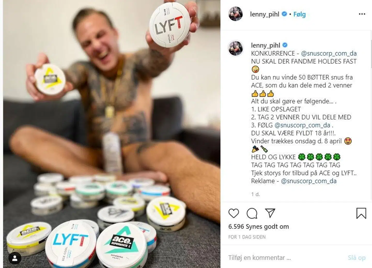 Opslaget, hvori Lenny Pihl udlover 50 bøtter snus.