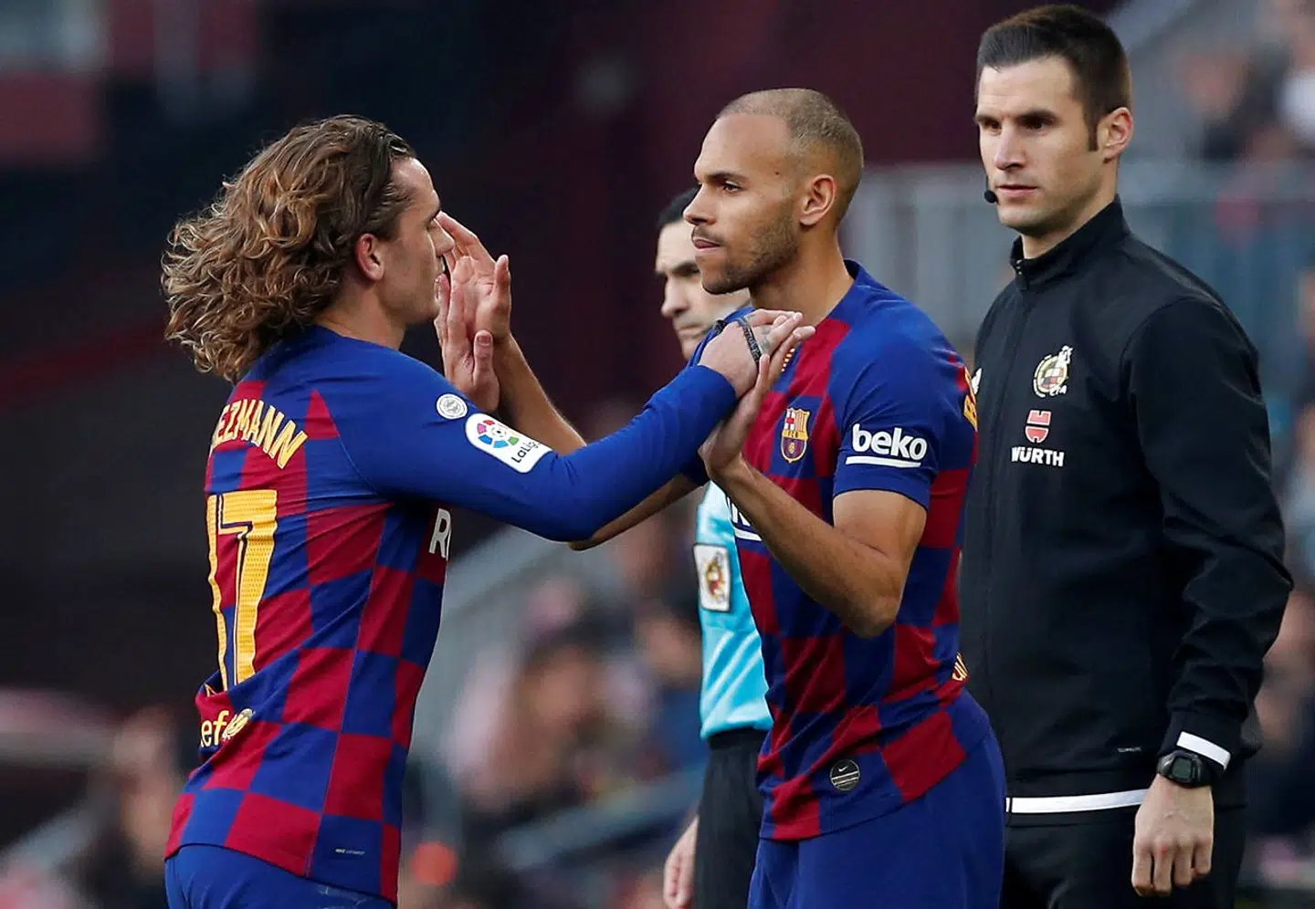 Martin Braithwaite er blevet skiftet ind to gange - her for Antoine Griezmann - og har fået en start for FC Barcelona.