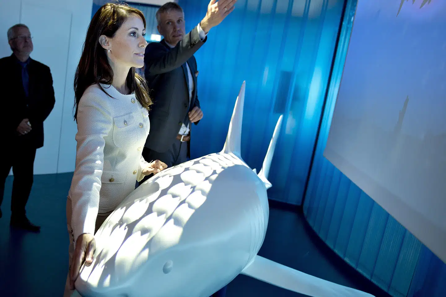 Kattegatcentret i Grenaa risikerer at måtte slå dyr ihjel som yderste konsekvens af coronakrisen. Her ses prinsesse Marie ved en interaktiv hajmodel på centeret. (Arkivfoto) Henning Bagger/Ritzau Scanpix