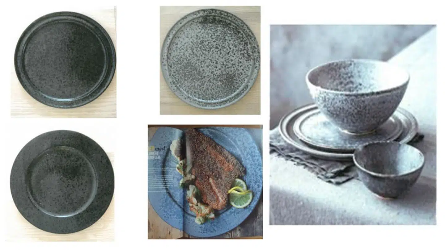 Det omtalte stel fra K.H. Würtz. Øverst ses det traditionelle. Nederst er det særlige restaurantstel med den bredere kant.