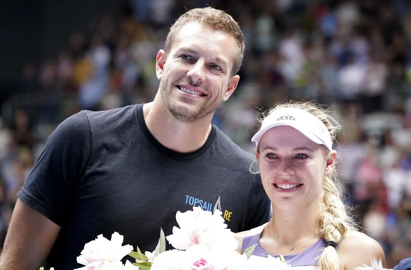 Caroline Wozniacki og David Lee efter danskerens sidste kamp som professionel tennisspiller.
