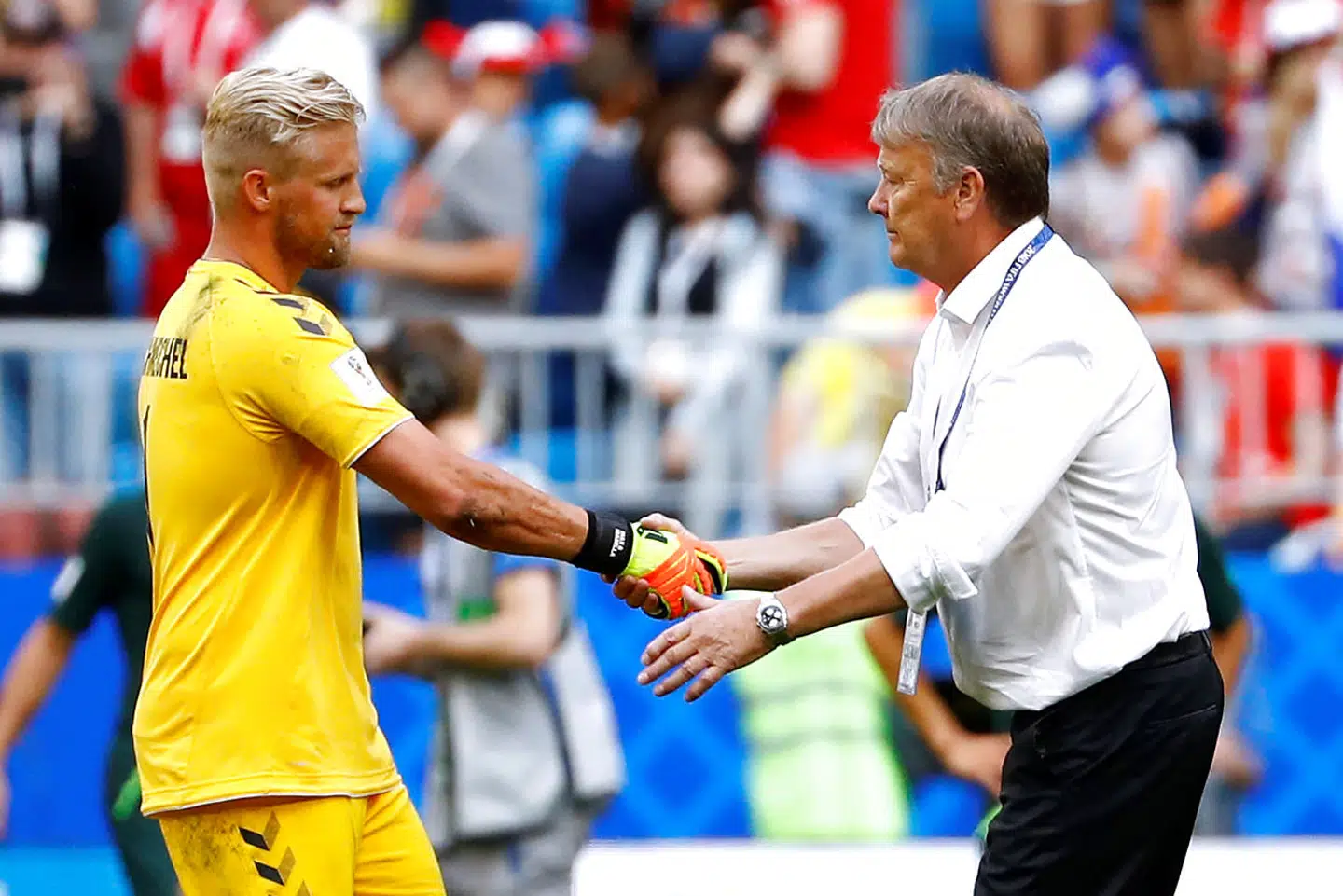 Kasper Schmeichel og Åge Hareide under VM i 2018.