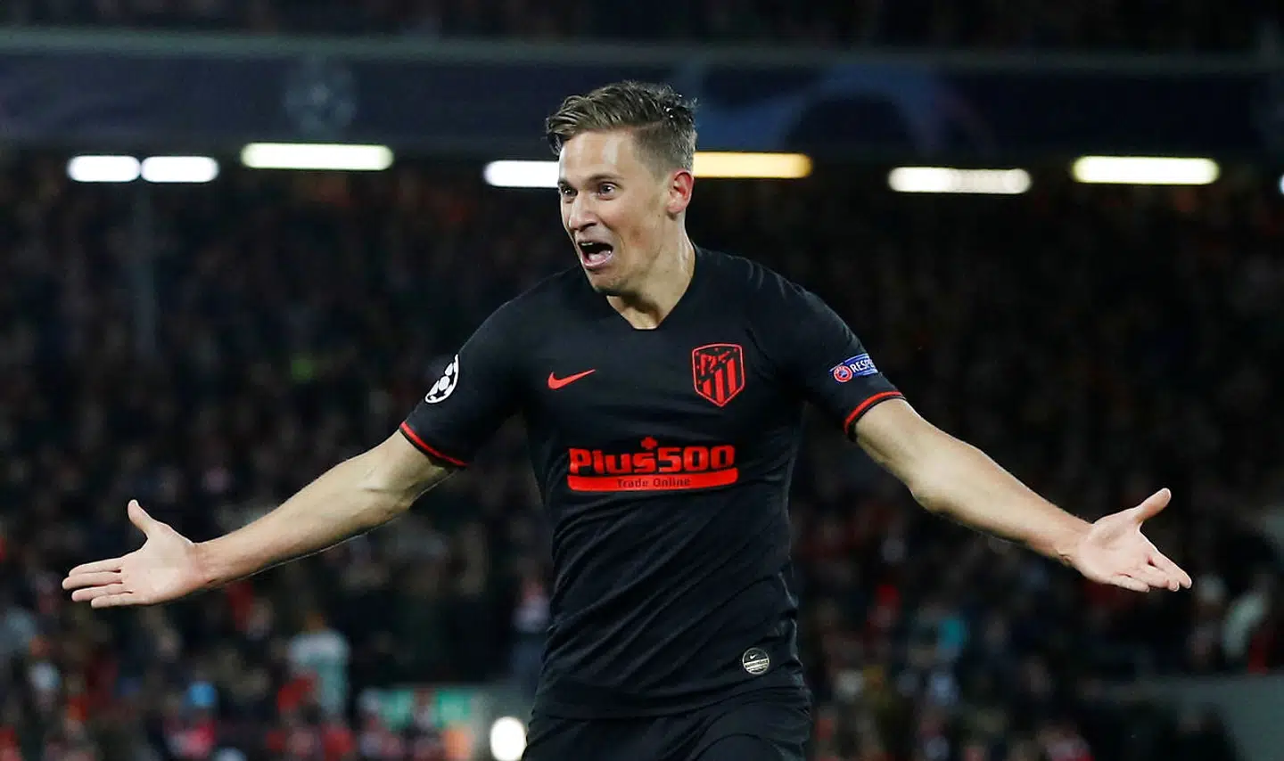 Soccer Football - Champions League - Round of 16 Second Leg - Liverpool v Atletico Madrid - Anfield, Liverpool, Britain - March 11, 2020 Atletico Madrid's Marcos Llorente celebrates scoring their second goal REUTERS/Phil Noble