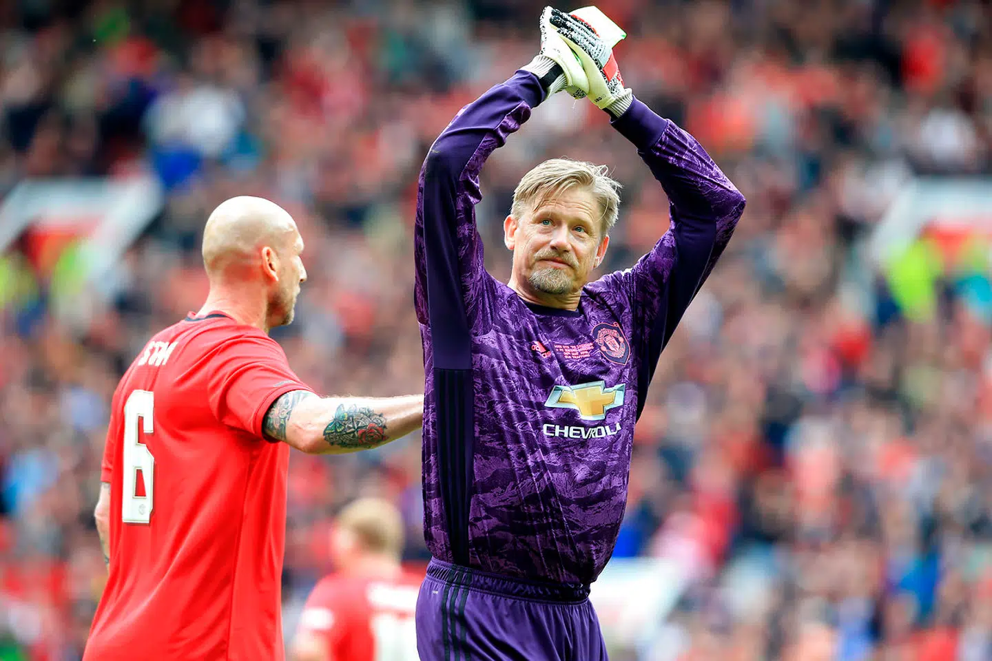 Peter Schmeichel i en reunion-kamp for Champions League-triumfen i 1999.