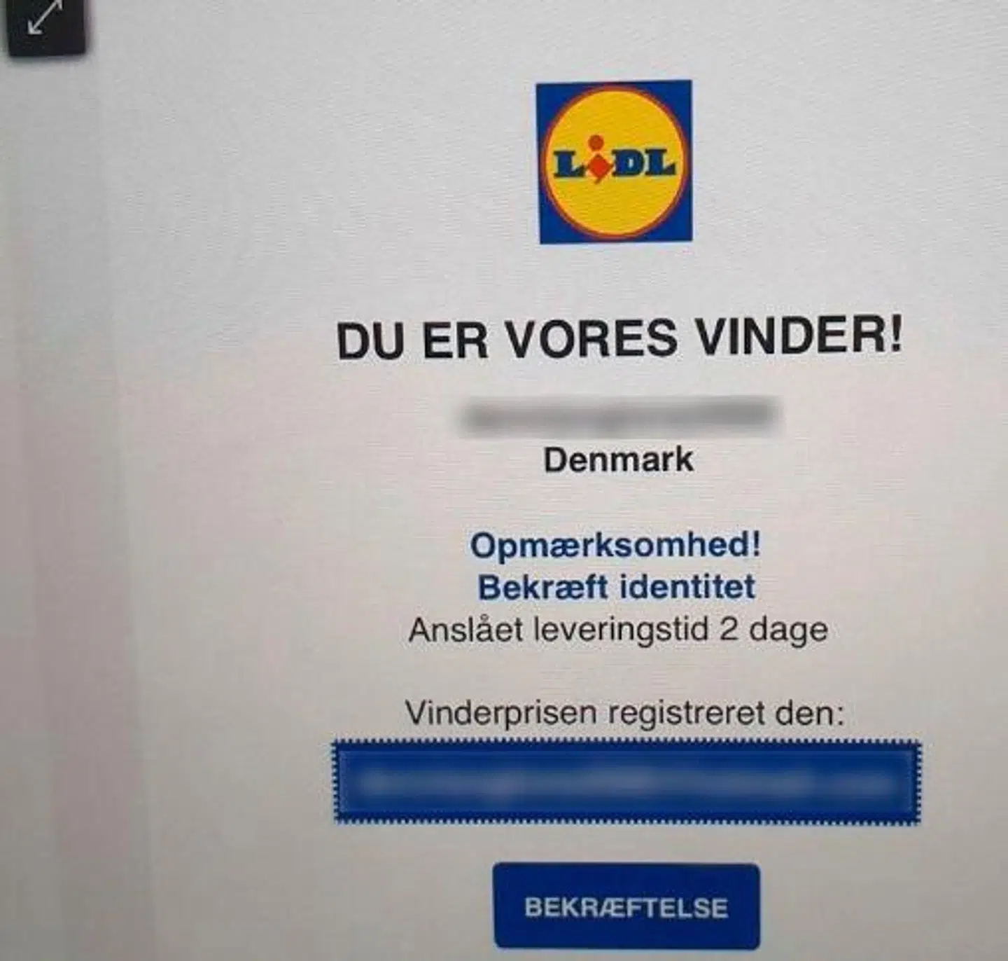 Sådan ser mailen ud, der er sendt ud i Lidls navn.