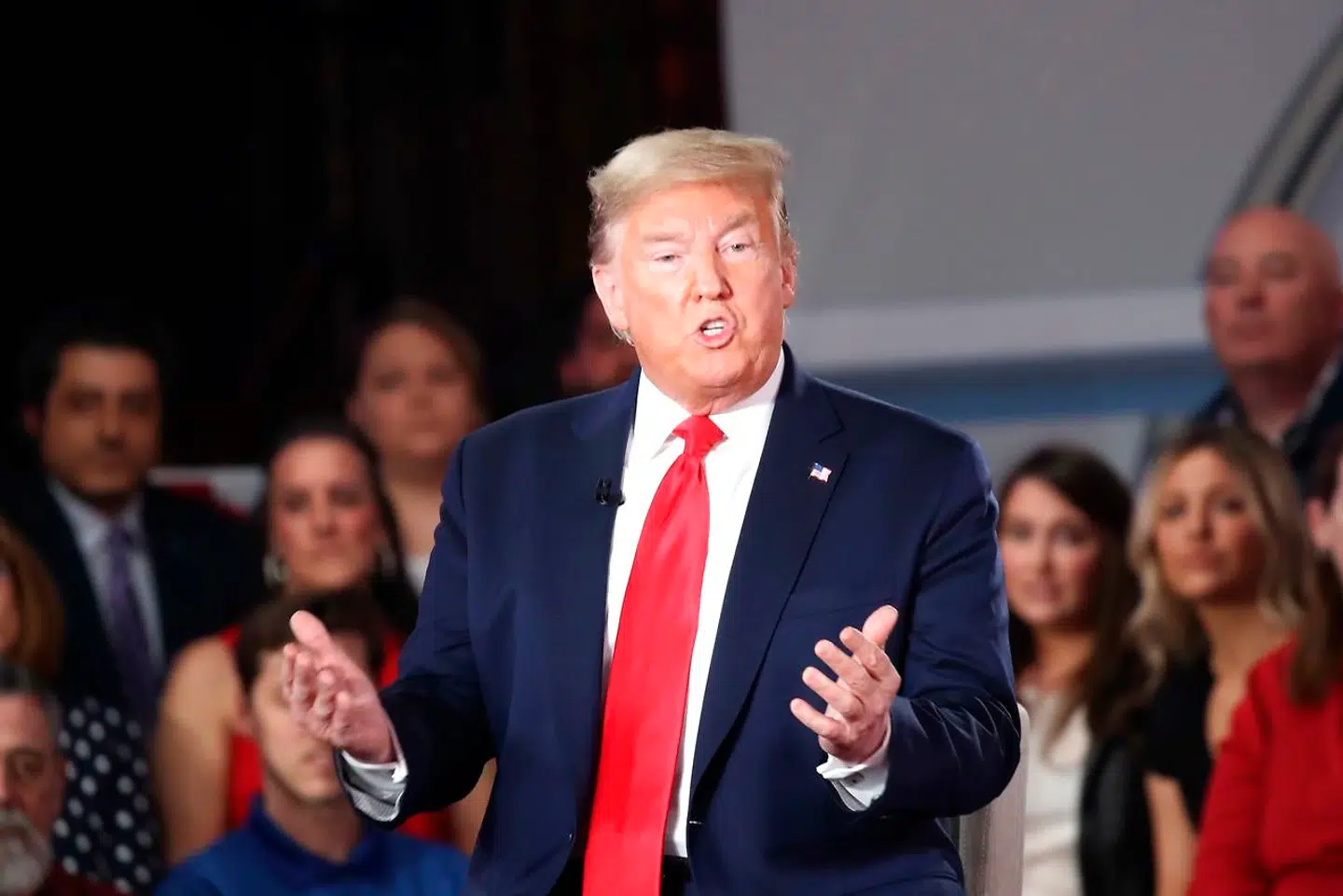SCRANTON, PENNSYLVANIA - MARCH 05: President Donald Trump participates in a Fox News Town Hall event on March 05, 2020 in Scranton, Pennsylvania. Among other topics, President Trump discussed his administration's response to the Coronavirus and the economy. Spencer Platt/Getty Images/AFP == FOR NEWSPAPERS, INTERNET, TELCOS & TELEVISION USE ONLY ==