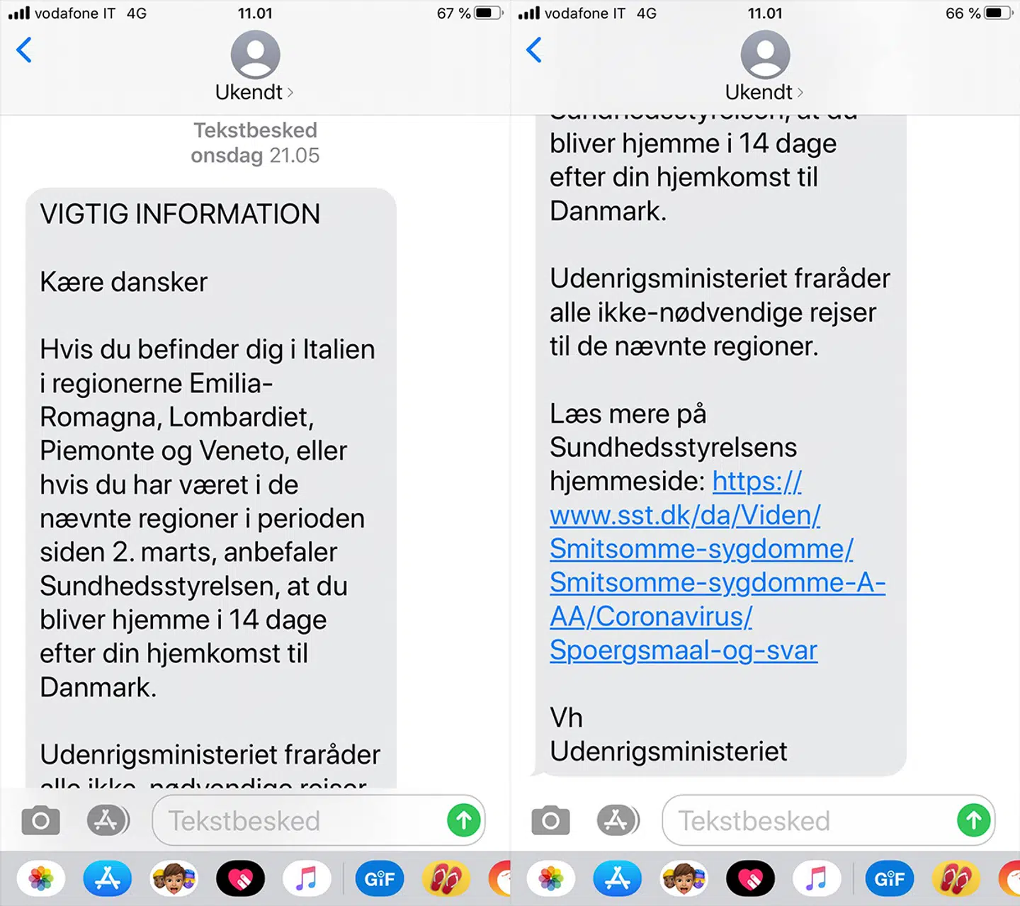 Dennis Friis Skaarup fik denne sms af Udenrigsministeriet onsdag d. 4. marts. Midt i sin skiferie.