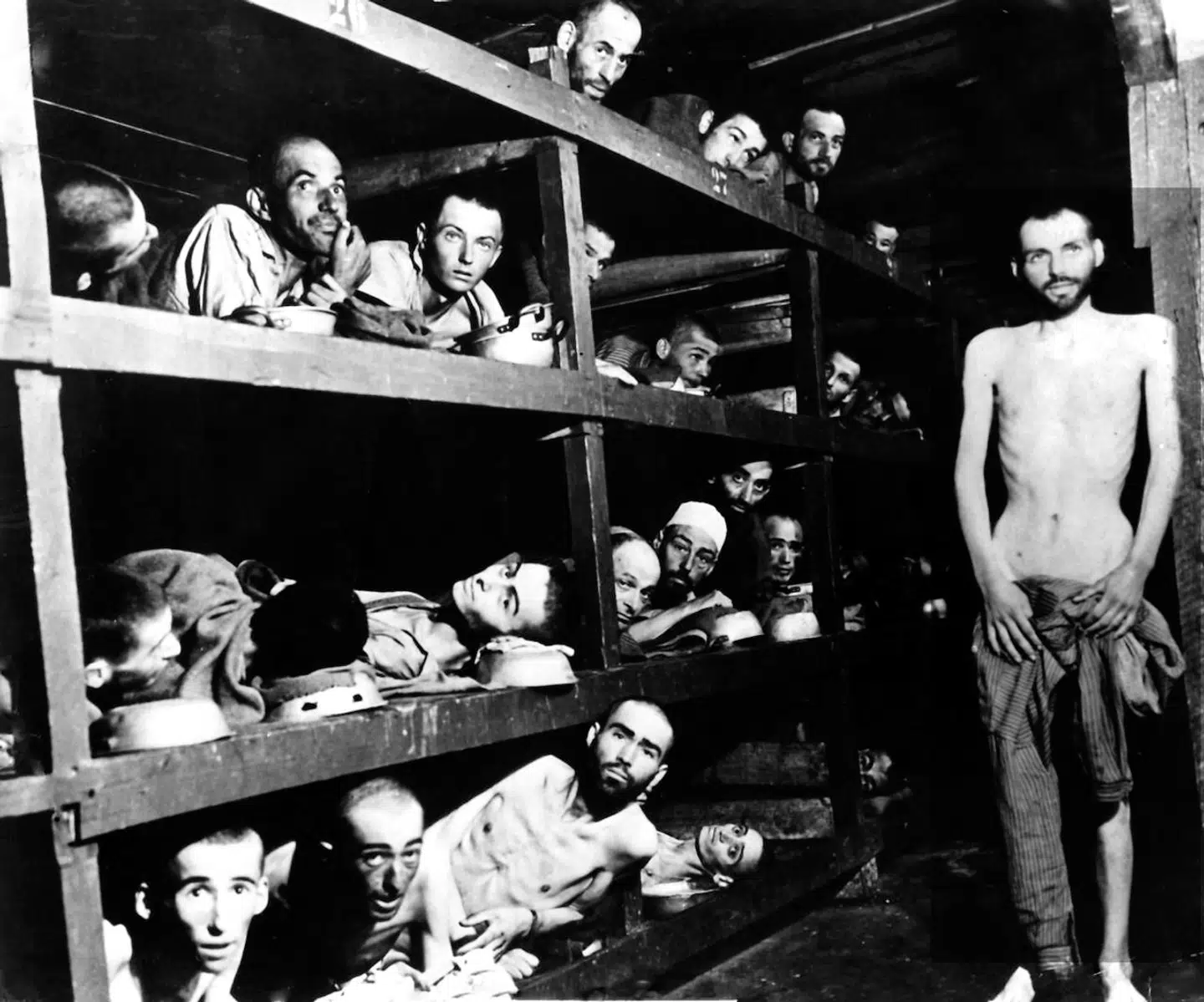 Overlevende jødiske fanger i Buchenwald lejren taget da lejren bliver befriet af general Pattons 3arme og 166 signal photo companny