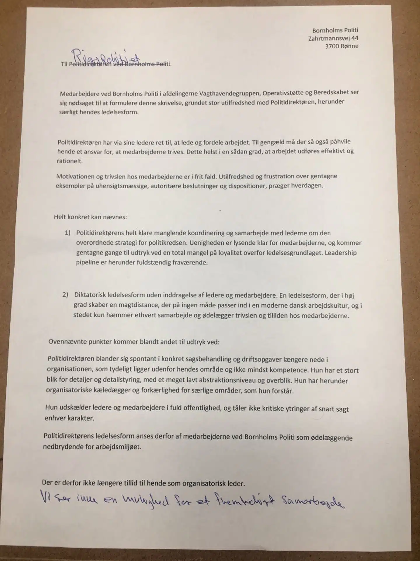 Medarbejdernes i Bornholms Politis brev til Rigspolitiet om politidirektøren Kit Claudi Grøn-Iversen. Foto: Privat