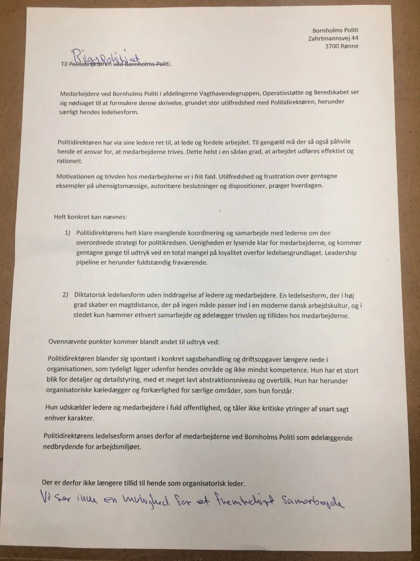 Medarbejdernes i Bornholms Politis brev til Rigspolitiet om politidirektøren Kit Claudi Grøn-Iversen. Foto: Privat