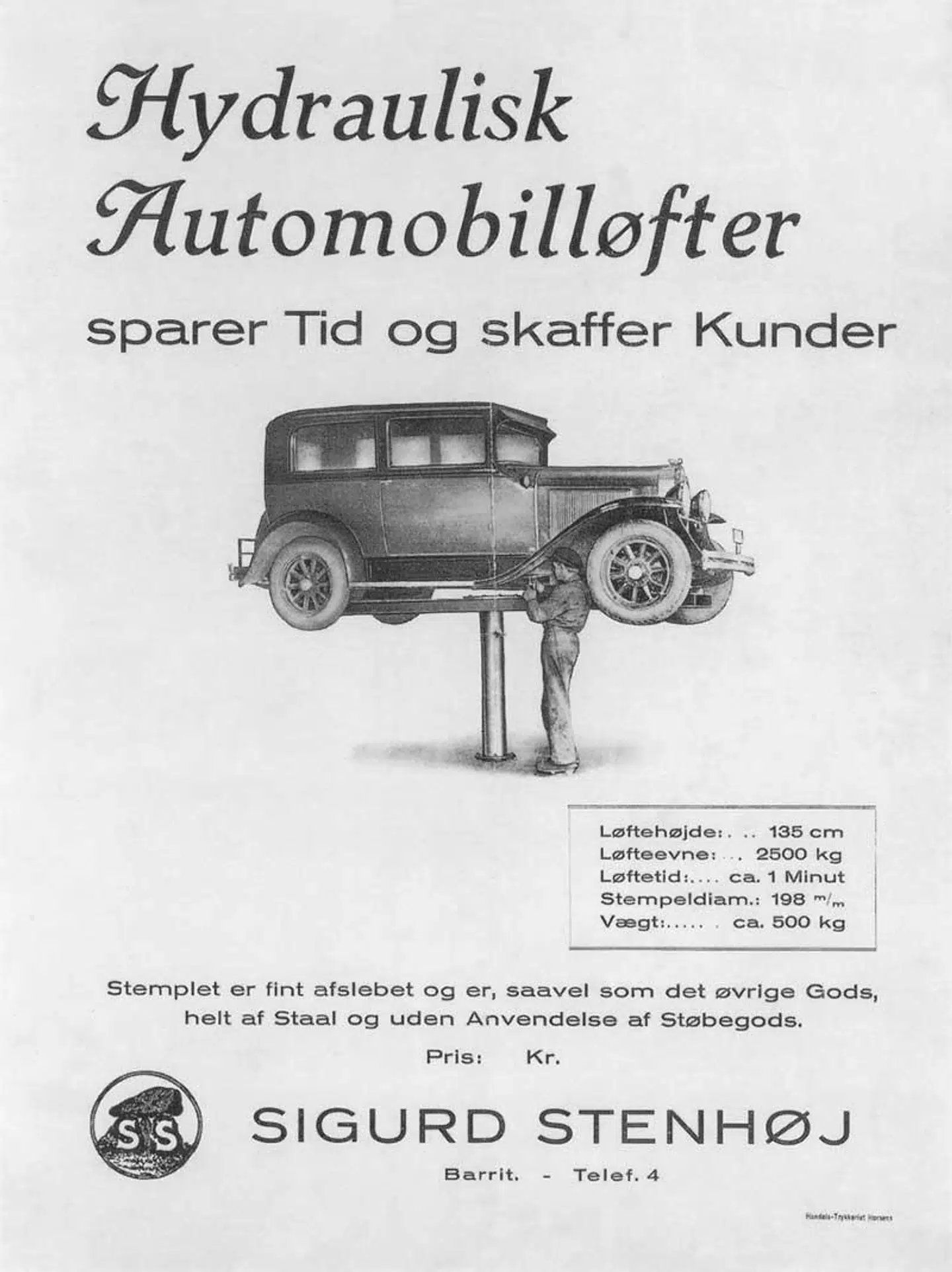 Den første annonce for 'Automobilløfteren' fra Sigurd Stenhøj.