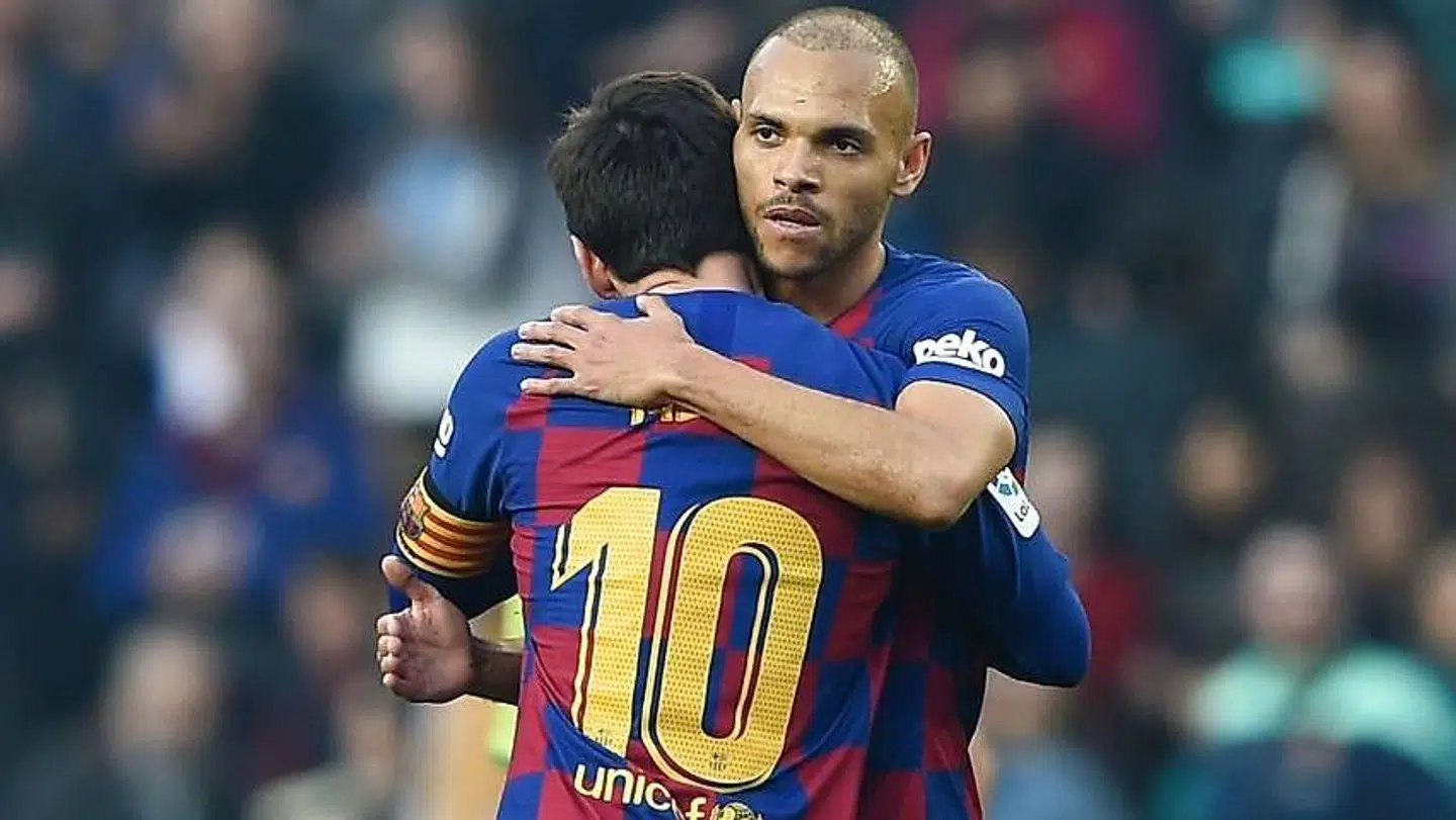 Martin Braithwaite og Lionel Messi efter et mål mod Eibar.