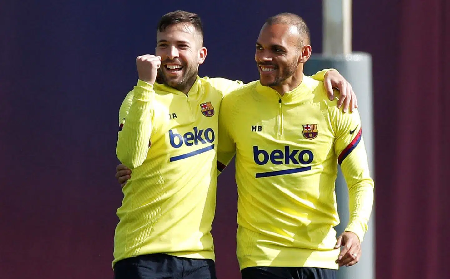 Jordi Alba og Martin Braithwaite under lørdagens træning.