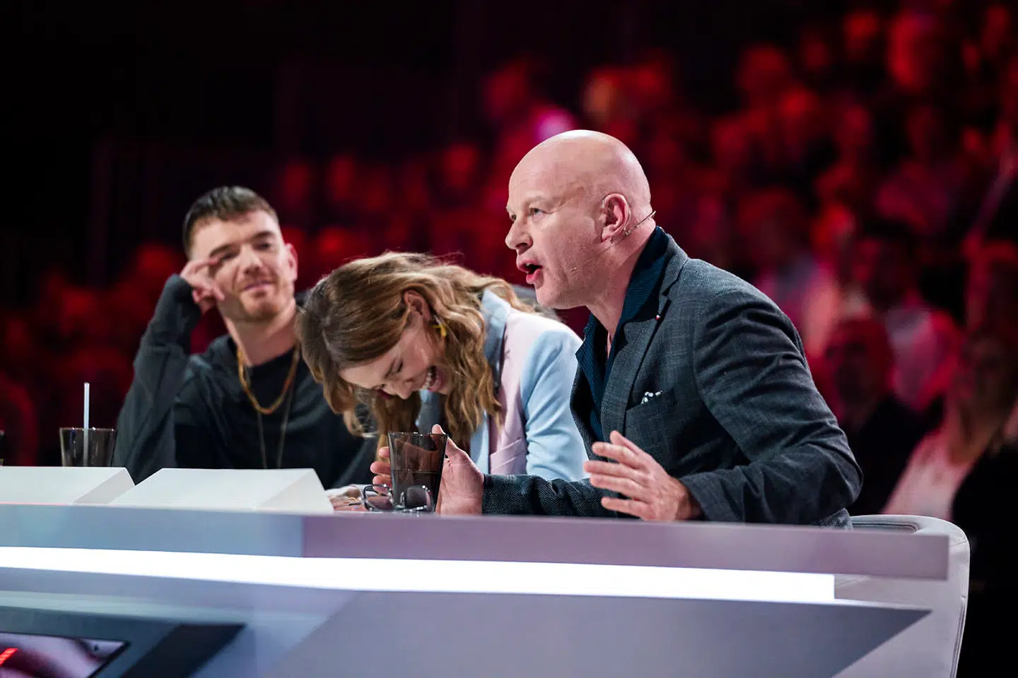 Dommerne Thomas Blachman, Ankerstjerne og Oh Land. X - Factor liveshow 2, fredag den 28. februar 2020. (Foto: Martin Sylvest/Ritzau Scanpix 2020)