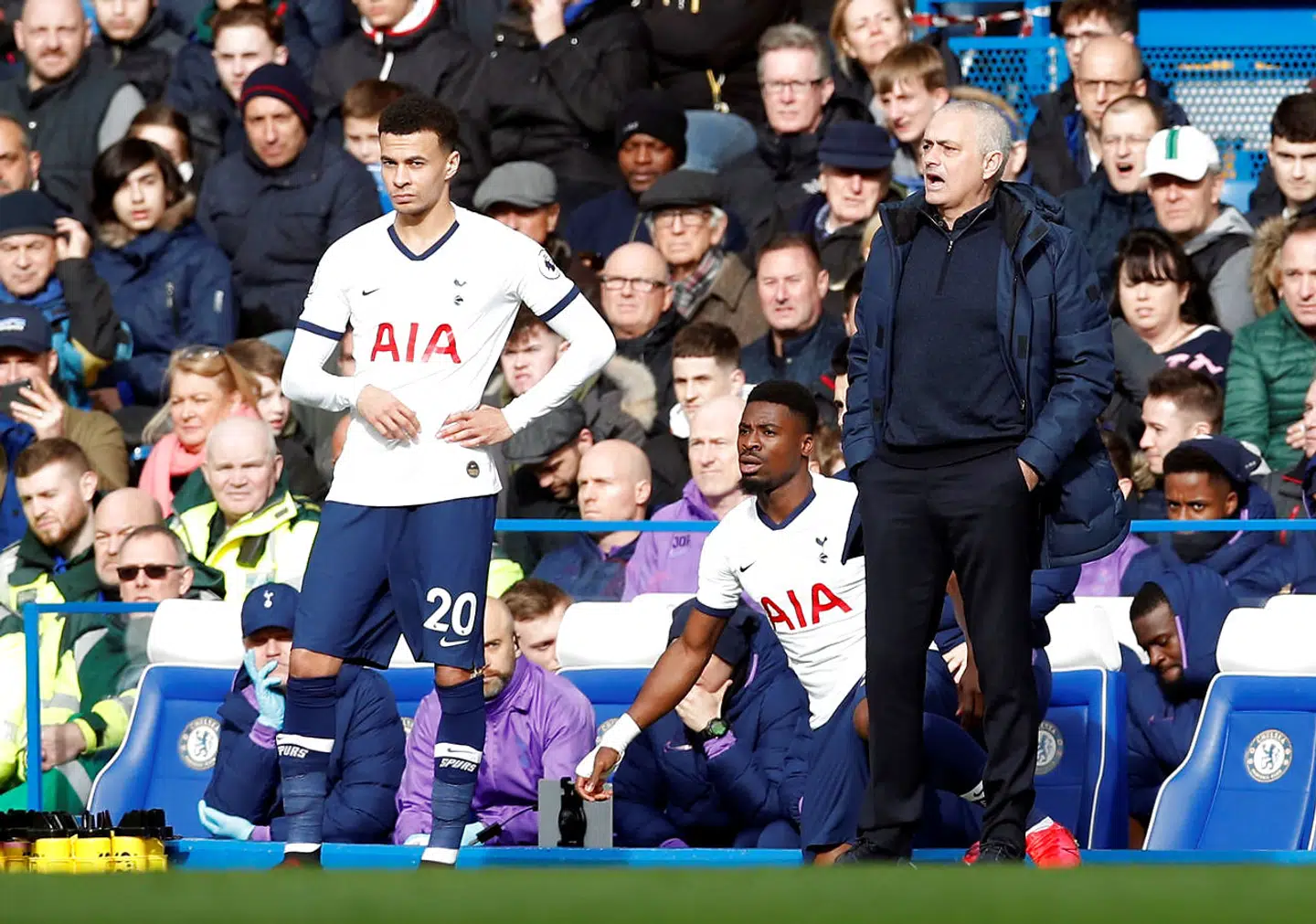 Soccer Football - Premier League - Chelsea v Tottenham Hotspur - Stamford Bridge, London, Britain - February 22, 2020 Tottenham Hotspur's Dele Alli waits to be substituted on alongside manager Jose Mourinho REUTERS/David Klein EDITORIAL USE ONLY.No use with unauthorized audio, video, data, fixture lists, club/league logos or "live" services. Online in-match use limited to 75 images, no video emulation.No use in betting, games or single club/league/player publications. Please contact your account representative for further details.