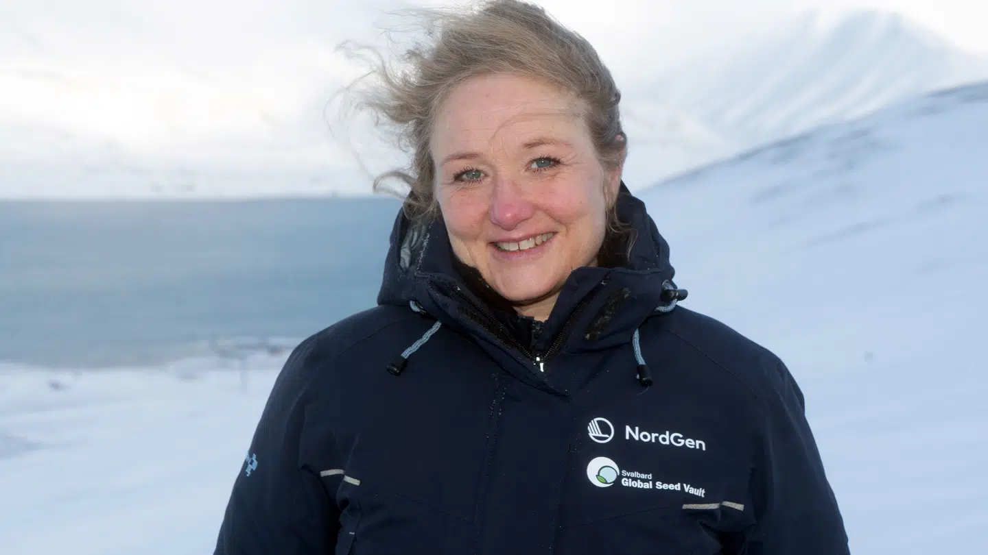 Lise Lykke Steffensen, den danske direktør for den nordiske frøbank NordGen, som ligger uden for Malmø. Genbanken rummer frø fra 35.000 forskellige nordiske plantesorter. Direktøren ses her uden for frøbanken ved Longyearbyen på Svalbard, som NordGen har ansvar for at drive. Foto: NordGen/Ritzau Scanpix