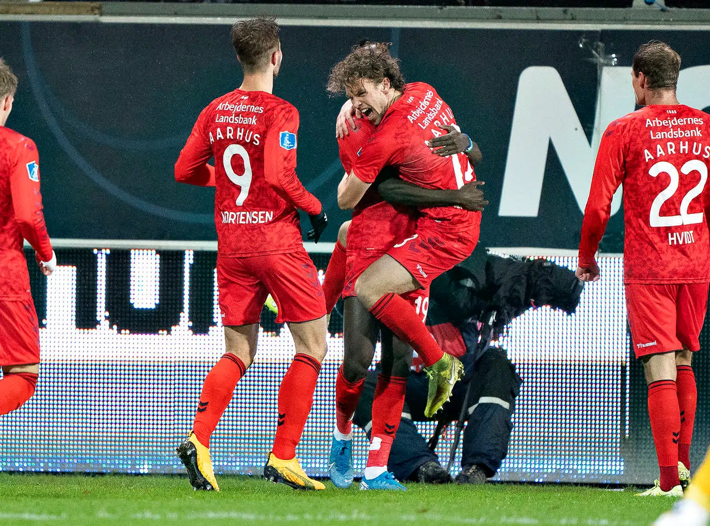 AGF's Patrick Mortensen har scoret til 1-0 i 3F Superligakampen AC Horsens mod AGF på Casa Arena i Horsens, mandag 24. fewbruar 2020.. (Foto: Henning Bagger/Ritzau Scanpix)