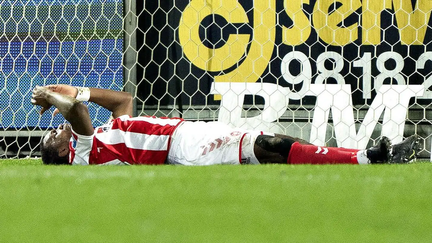 AaB's Jores Okore har brændt chance i 3F Superligakampen mellem Aab og Brøndby IF på Aalborg Portland Park, søndag 23. februar 2020.. (Foto: Henning Bagger/Ritzau Scanpix)