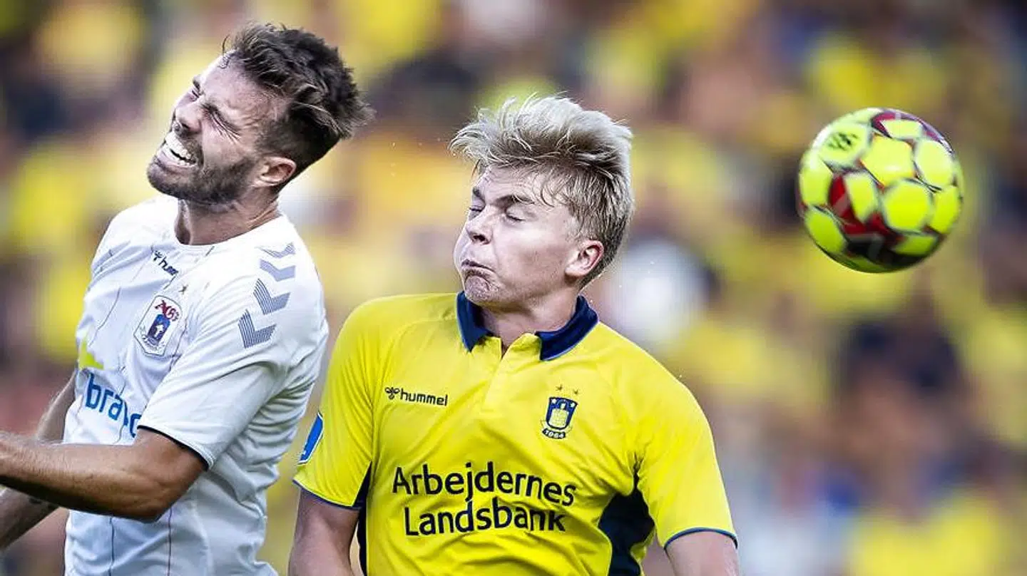 AGFs Patrick Mortensen og Brøndbys Tobias Børkeeiet under superligakampen mellem Brøndby-AGF på Brøndby Stadion, søndag den 25 august 2019. (Foto: Liselotte Sabroe/Ritzau Scanpix)