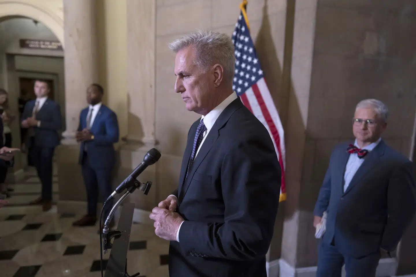 Formand for Repræsentanternes Hus, Kevin McCarthy, talte mandag amerikansk tid med pressen i forbindelse med mødet mellem ham og den amerikanske præsident, Joe Biden. J. Scott Applewhite/Ritzau Scanpix