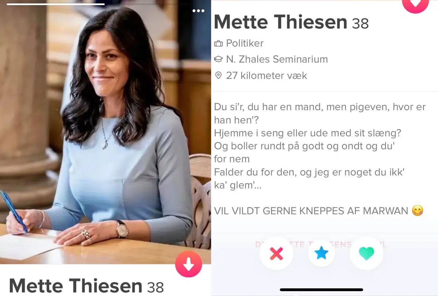 Mette Thiesens falske Tinderprofil med et citat fra Suspekt-sangen 'Kinky Fætter'.