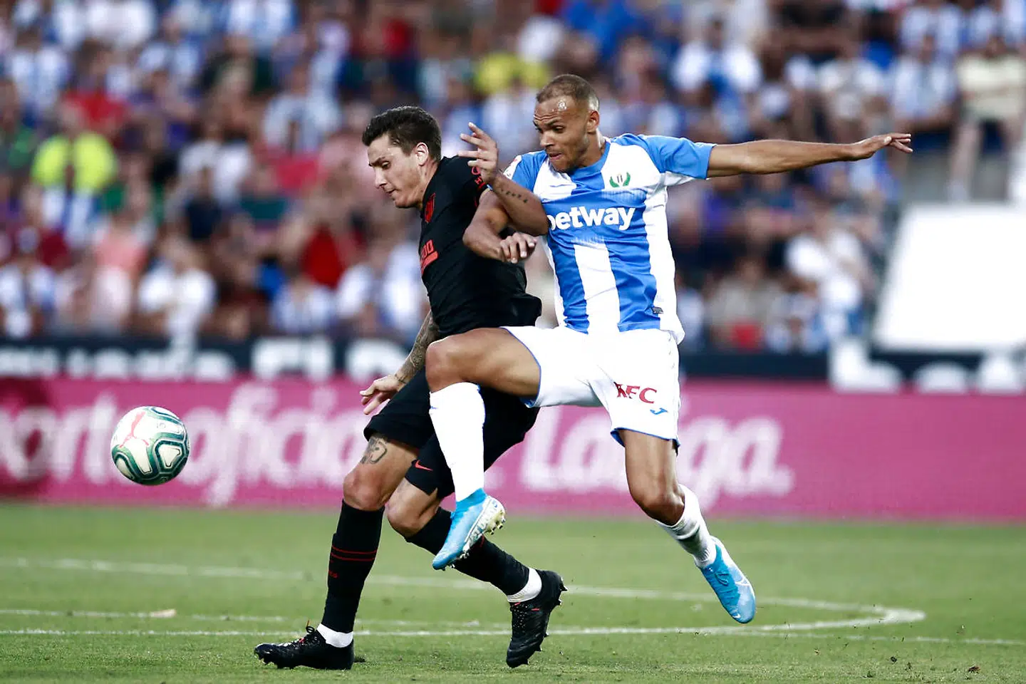 Martin Braithwaite i en af sine sidste kampe for Leganés. Det var på udebane mod Atlético Madrid.