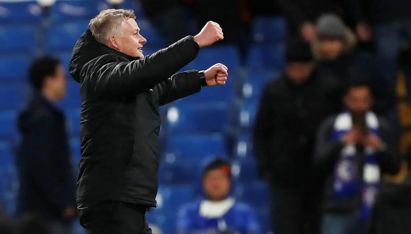 En glad Ole Gunnar Solskjær efter mandagens sejr over Chelsea.