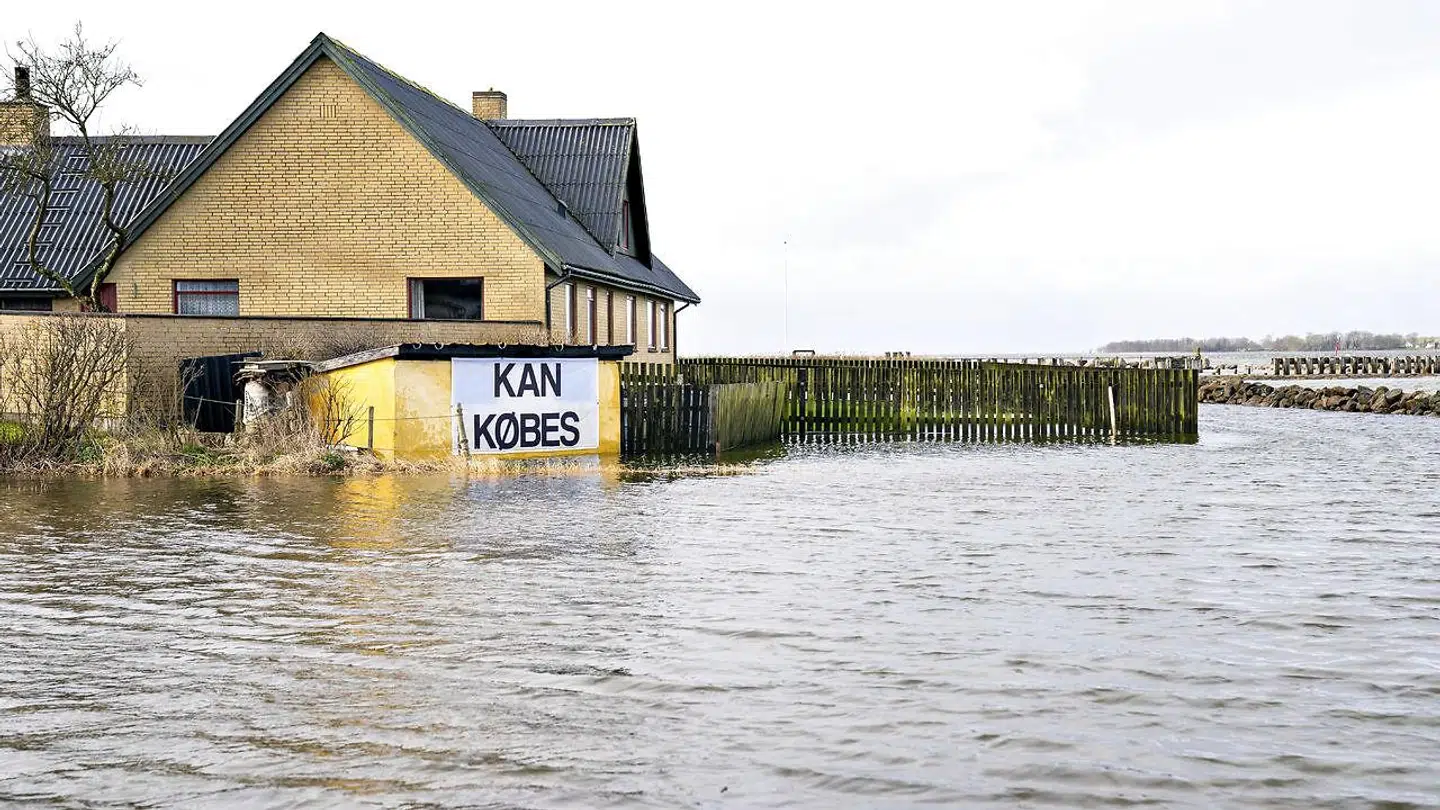 Limfjorden har oversvømmet store områder ved Aggersundbroen, onsdag den 12. februar 2020. Her er der sat en hus til salg tæt på vandet. De sidste dages storm har skubbet vandet op i Limfjorden, og mange steder er der oversvømmelser.