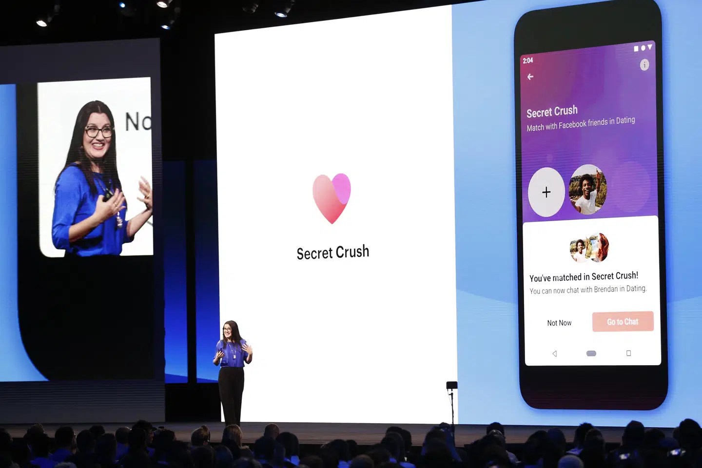 Facebook Dating bliver her vist frem på en konference i Californien i april 2019. Tjenesten er tilgængelig i USA, men lanceringen i EU er udskudt. Stephen Lam/Reuters