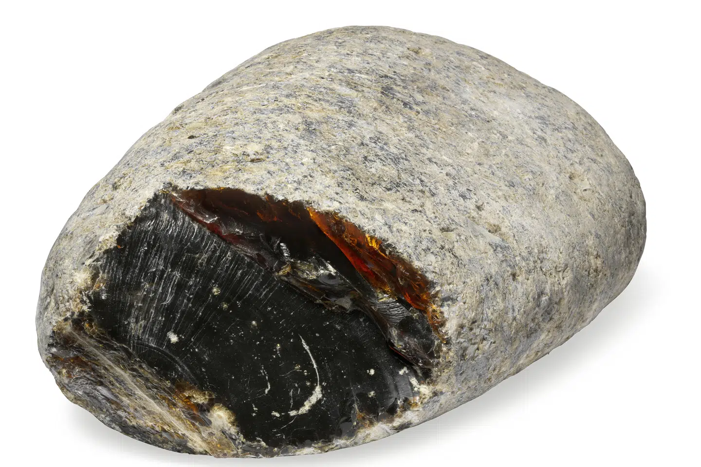 En klump upoleret kopal. Klumpen vejer cirka 38450 gram og måler omtrent 66x40x28 centimeter. Klumpen blev fisket op af Skagerrak i december 2019, og kommer nu under hammeren med en vurdering på cirka 100.000 kroner. Kopal er en samling af harpiks. Bruun Rasmussen Henrik Wichmann/Ritzau Scanpix