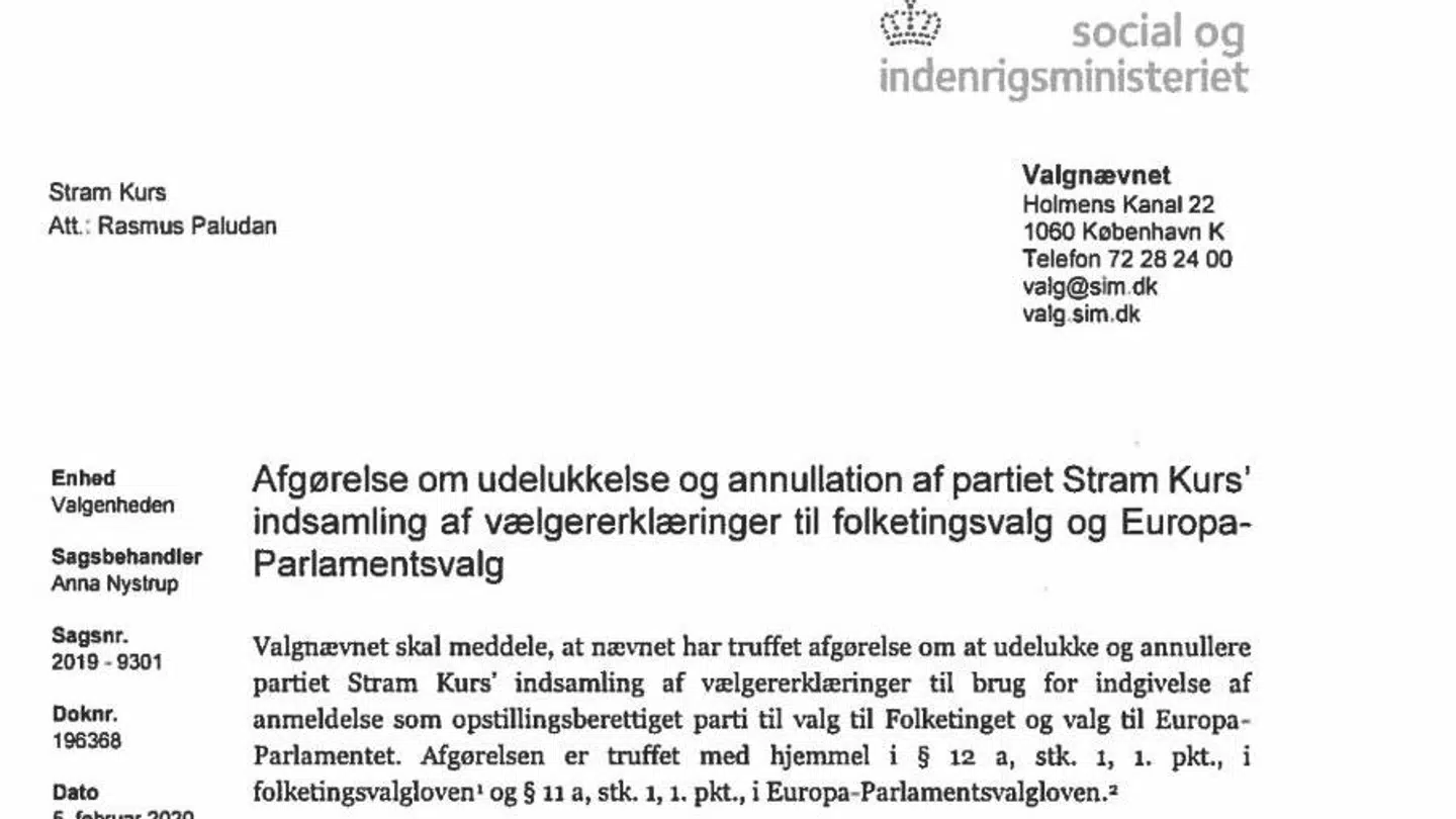 Valgnævnets udkast til afgørelse, der giver Stram Kurs forbud mod at stille op til Folketingsvalg.