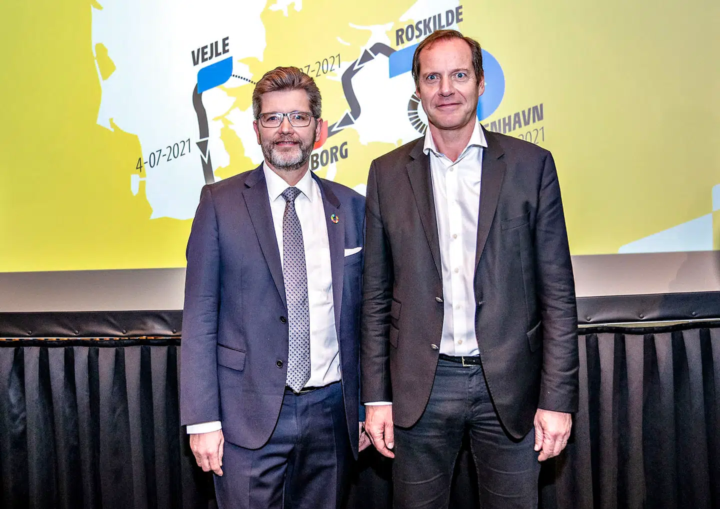 Løbsdirektør for Tour de France, Christian Prudhomme, overborgmester og bestyrelsesformand for Grand Départ Copenhagen Denmark, Frank Jensen (S) og borgmestre fra de fire øvrige mål- og startbyer samt borgmestre fra de danske gennemkørselskommuner præsenterer de tre indledende etaper af Tour de France 2021 under titlen Grand Départ Copenhagen Denmark, på Munkebjerg Hotel i Vejle tirsdag den 4. februar 2020.