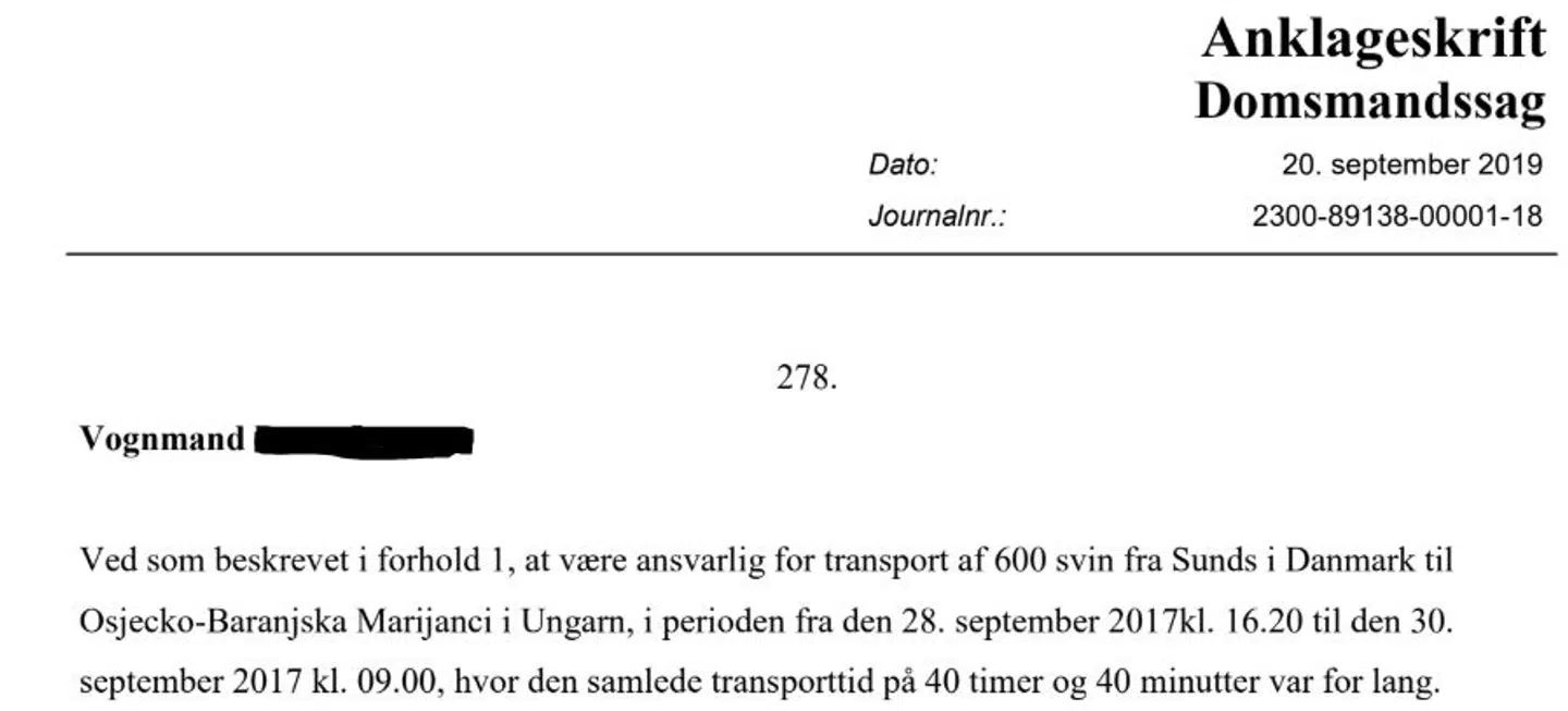 Dokumentation: Denne tur på 40 timer og 40 minuttter er den længste af de samlet 374 ture, vognmanden er anklaget for at have brudt loven ved at køre mere end 24 timer med grisene. Kilde: Anklageskriftet fra Fyns Politi.