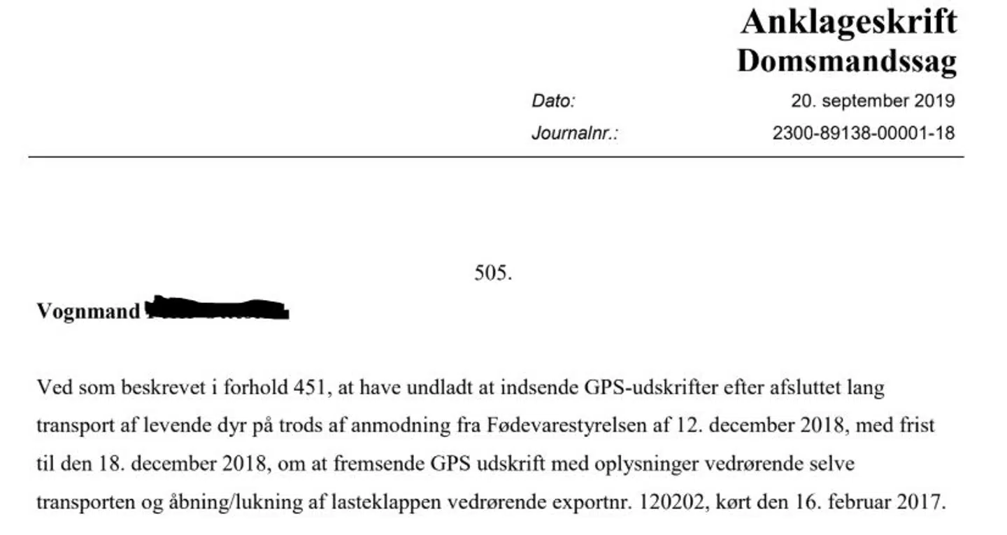 Dokumentation: Her ses et af 92 anklager mod vognmanden for ikke at have sendt udskrift af GPS-oplysninger om transport af grise, selv om Fødevarestyrelsen har anmodet om det. Kilde: Anklageskriftet fra Fyns Politi