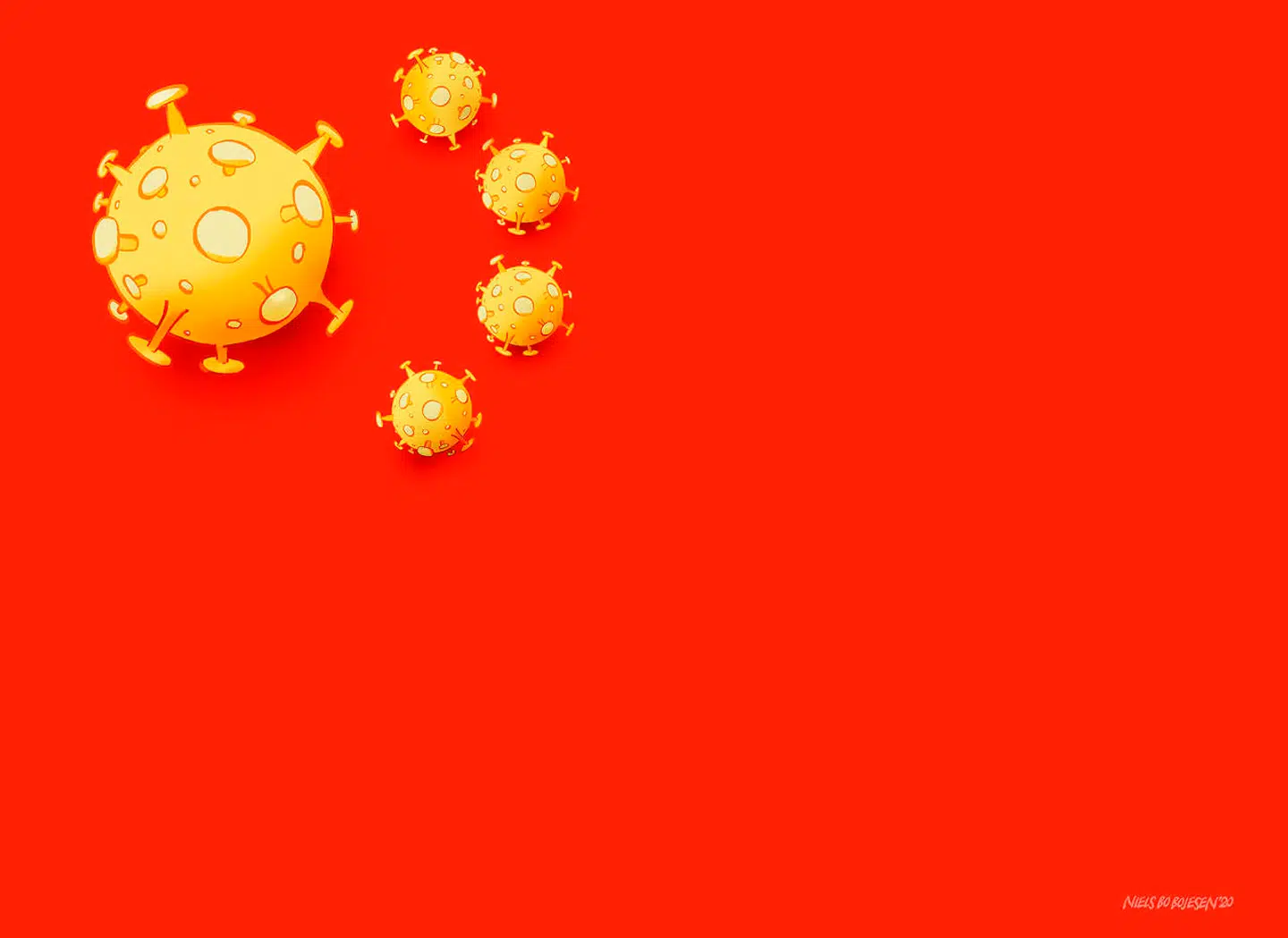 Original illustration by Niels Bo Bojesen. Cartoon of Coronavirus on the Chinese flag, in the Danish Daily Newspaper Jyllands-Posten's Monday, January 27, 2020 edition.
