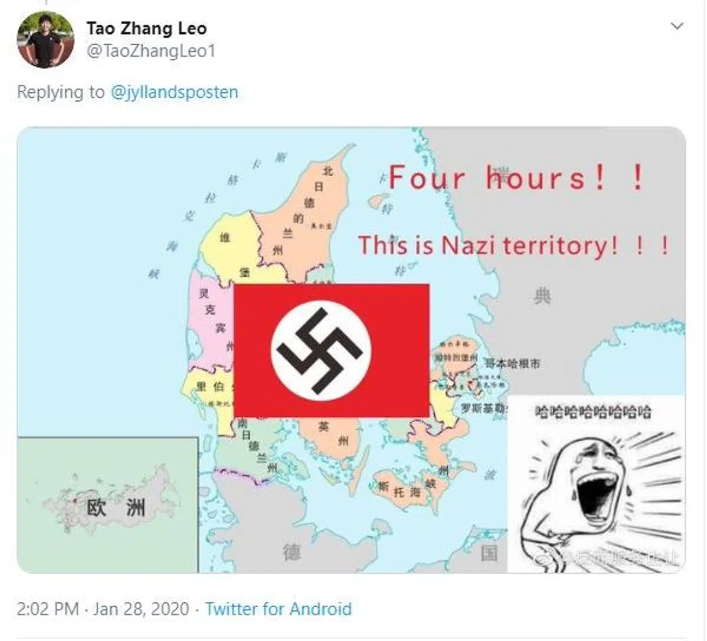 Et screenshot fra et af de mange kinesiske opslag, der er dukket op under Jyllands Postens post om deres tegning af det kinesiske flag med virusceller.