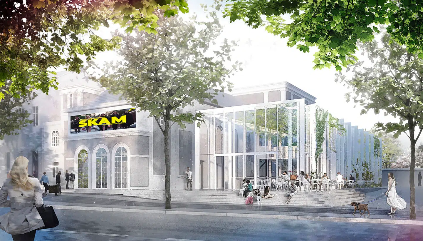 Det ombyggede Aveny-T med den 400 kvadratmeter store tilbygning, Væksthuset, som det tager sig ud i skitseforslaget fra Andersen og Sigurdsson Arkitekter. Inden byggeriet sættes i gang, skal der dog først afholdes en arkitektkonkurrence.