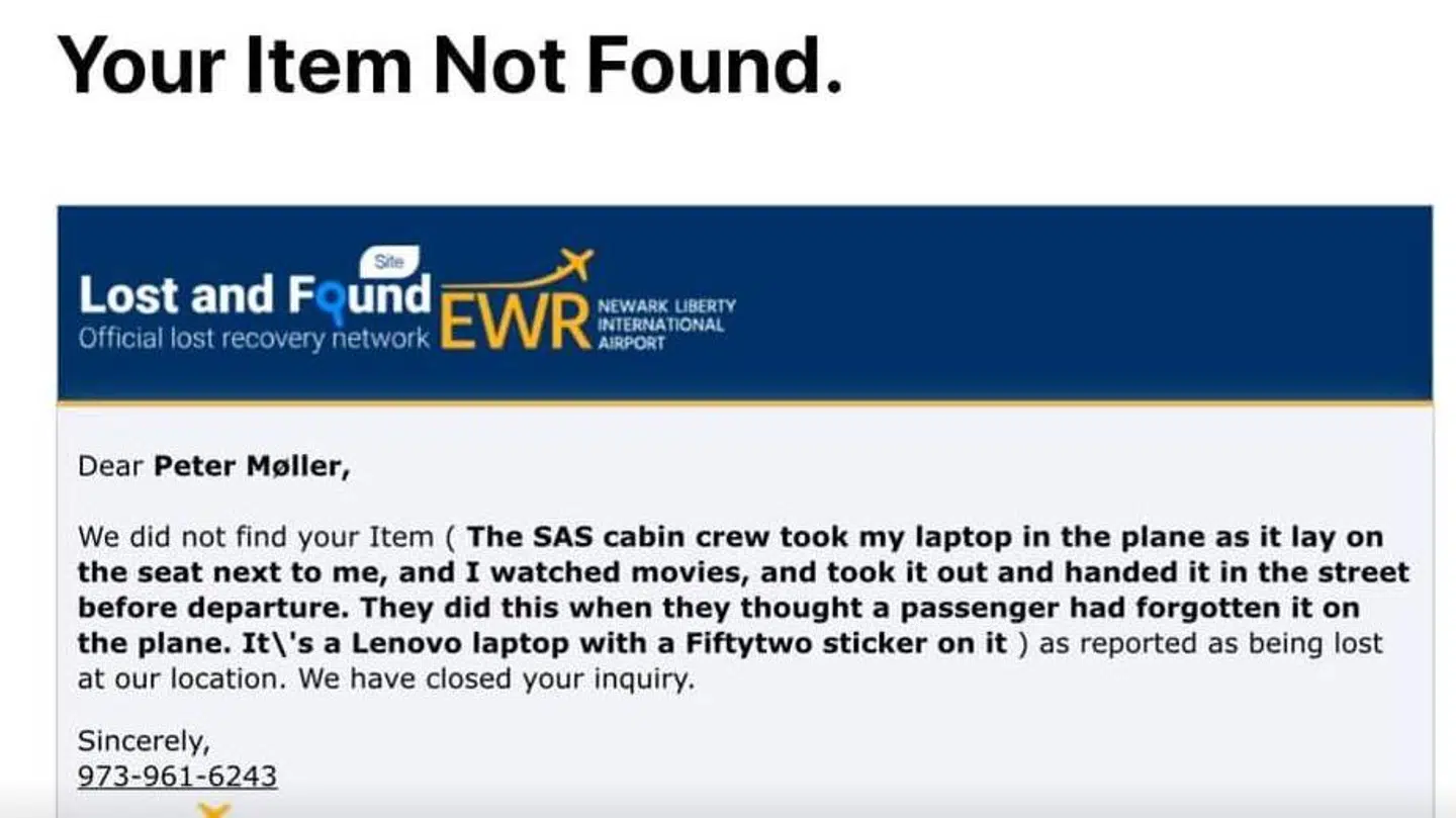 Her kan du se e-mailsvaret fra lufthavnen i Newark Lufthavn.